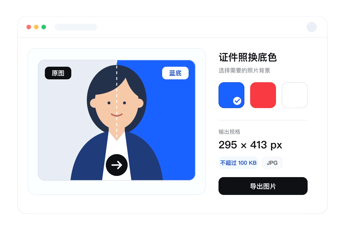 证件照换底色并按295×413像素和100KB要求导出的处理界面